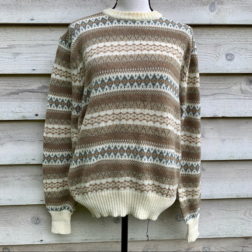 Vintage 90s Striped Fair Isle Long Sleeve Pullover Crewneck Cable Knit Sweater